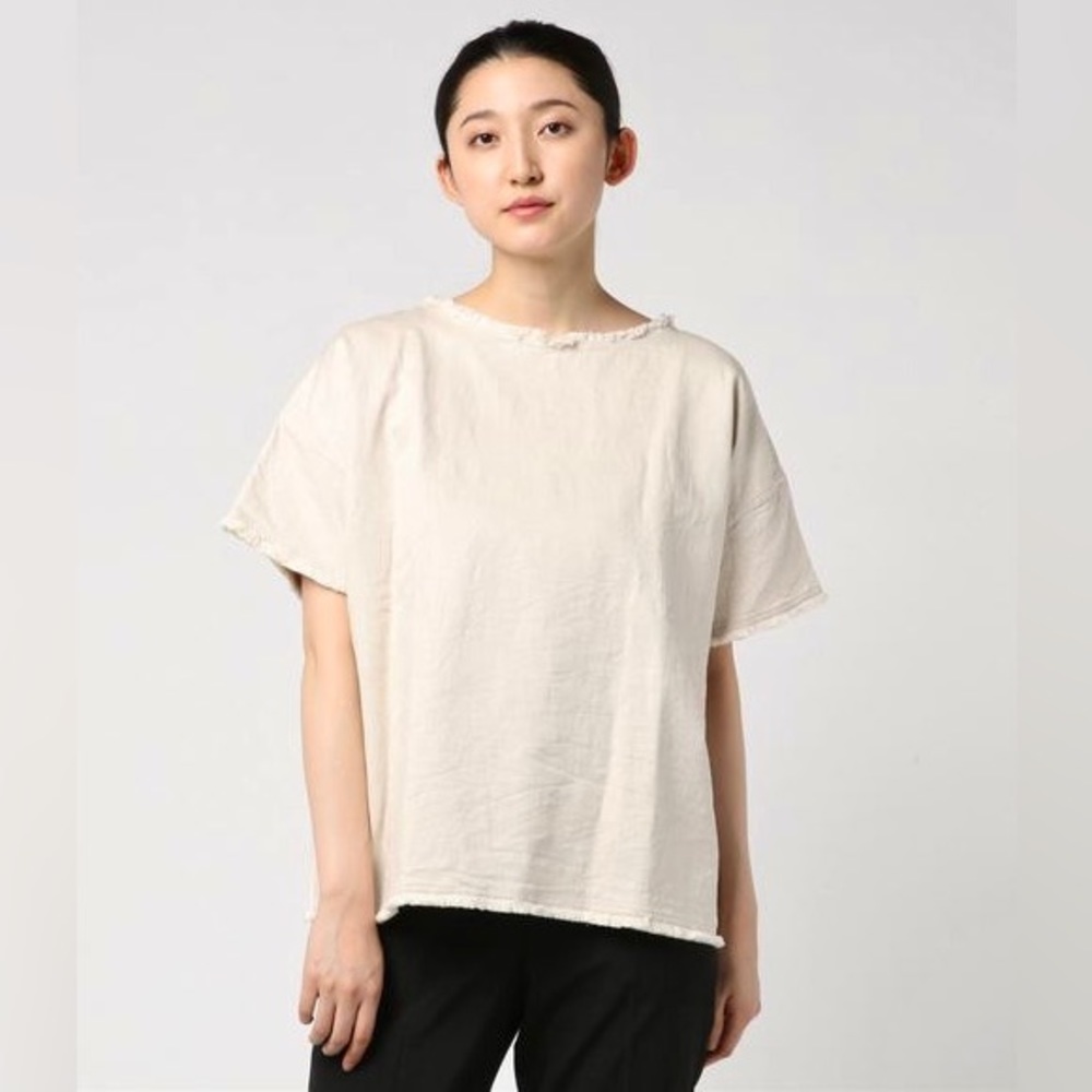 45R by 45RPM Japanese Cotton Linen Denim Frayed Hem Oversized Top in Beige - Picture 2 of 12
